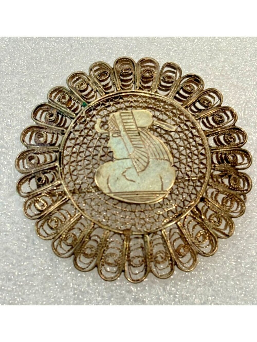 Vintage Nefertiti Hallmarked Silver Filigree Egyptian Revival Brooch 11.4g